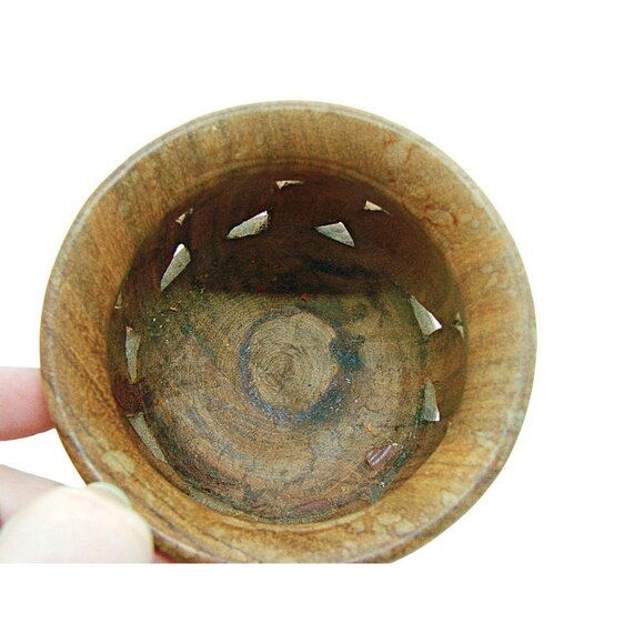 Handmade Hand Carved Wooden Bowl Trinket Dish Brown Round Shape Leaf Design 4x3 - Picture 3 of 11